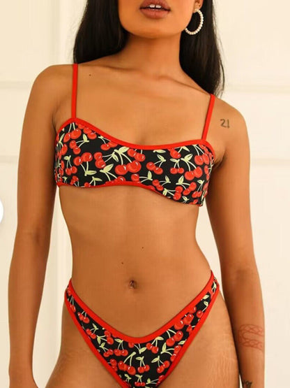 Swimwear- Cherry Print 2-Piece Bikini Swimwear - Top and Low Waist Bottoms- Chuzko Women Clothing