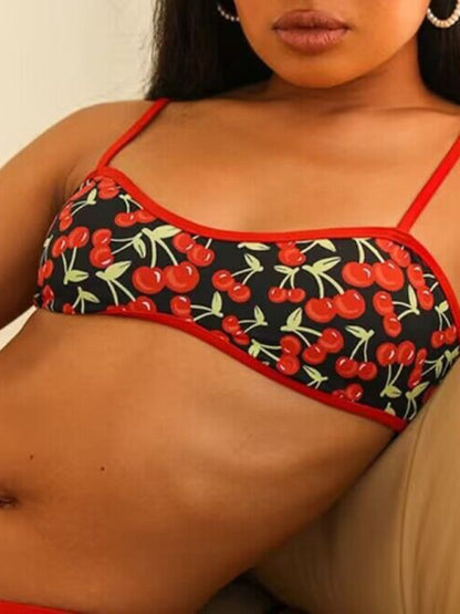 Swimwear- Cherry Print 2-Piece Bikini Swimwear - Top and Low Waist Bottoms- Chuzko Women Clothing