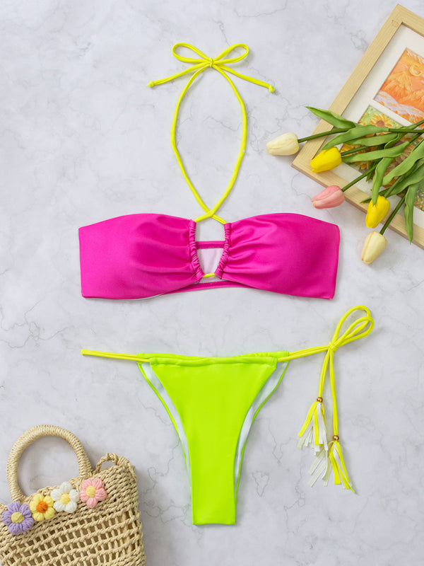Swimwear- Color Block 2-Piece String Bikini Swimsuit - Bra and Ruched Back Bottoms- Chuzko Women Clothing
