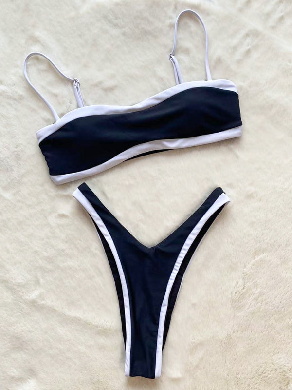 Swimwear- Contrast Binding 2-Piece Swimwear - Bandeau Bra & High Cut Bikini- - Chuzko Women Clothing