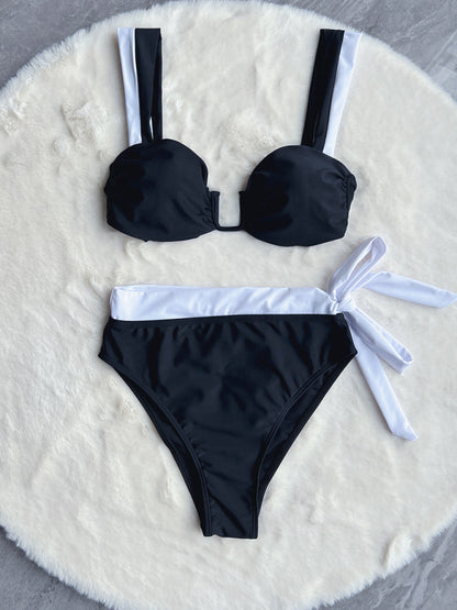 Swimwear- Contrast Binding 2-Piece Swimwear - Sweetheart Bra & High-Waisted Bikini- - Chuzko Women Clothing