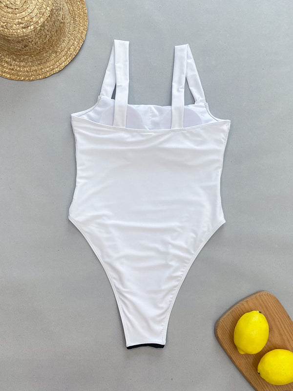 Swimwear- Elegant Contrast Binding One-Piece Swimwear | Square Neck Monokini- Chuzko Women Clothing
