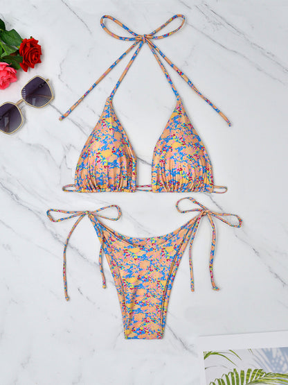 Swimwear- Floral 2 Piece String Bikini Swimsuit - Triangle Bra and Tie-Side Bottoms- - Chuzko Women Clothing