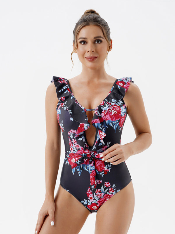 Swimwear- Floral One-Piece Cutout Backless Swimwear with Ruffle Accents- Chuzko Women Clothing