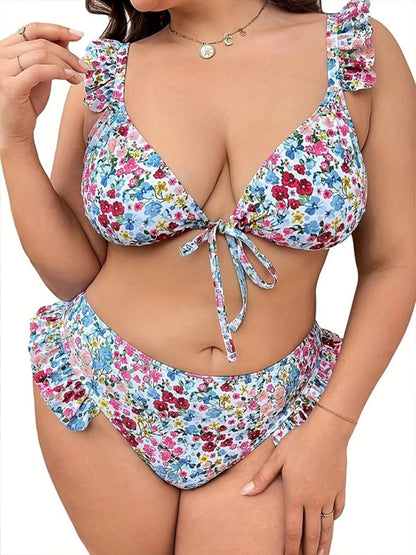Swimwear- Floral Plus Size Curvy 2-Piece Swim Set - Triangle Bra & Frilly Bikini- - Chuzko Women Clothing