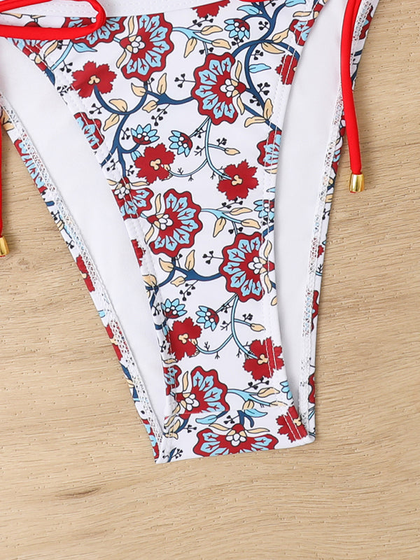 Swimwear- Floral Print 2 Piece Swimwear - One Shoulder Bra & Bikini Bottoms- Chuzko Women Clothing