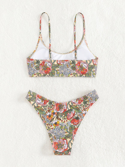 Swimwear- Floral Print 2 Piece Swimwear - Wireless Top & High Waist Bikini- Chuzko Women Clothing