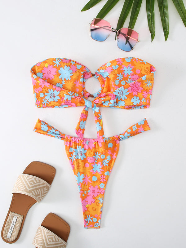 Swimwear- Florals Wireless Bandeau in Cheeky 2 Piece Bikini Swimwear- Chuzko Women Clothing