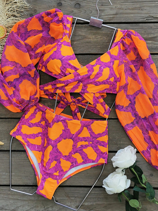 Fuchsia Ruffle 3-Piece Swimwear - Lantern Sleeve Top & Skirt & Bottom