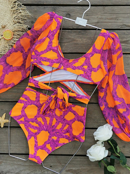 Fuchsiafarbener Rüschenbadeanzug – Oberteil mit Laternenärmeln und hoch taillierter Bikini