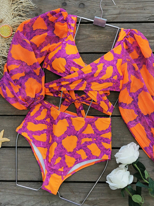 Fuchsiafarbener Rüschenbadeanzug – Oberteil mit Laternenärmeln und hoch taillierter Bikini