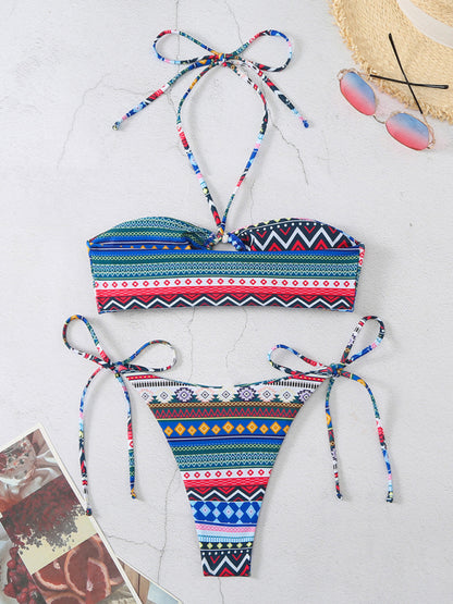 Swimwear- Geo Print 2 Piece Halter Bra & Tie-Side Bikini Swimwear- Chuzko Women Clothing
