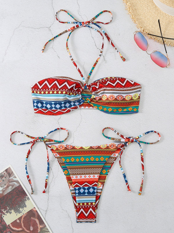 Swimwear- Geo Print 2 Piece Halter Bra & Tie-Side Bikini Swimwear- Chuzko Women Clothing
