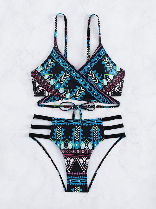 Swimwear- Geo Print Bikini Swimwear Wireless Wrap Triangle Bra & Bottoms- Chuzko Women Clothing