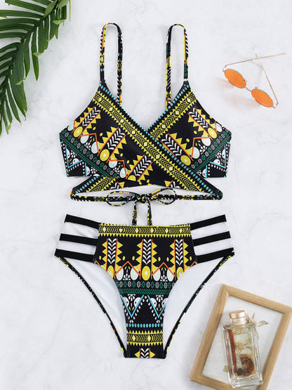 Swimwear- Geo Print Bikini Swimwear Wireless Wrap Triangle Bra & Bottoms- Chuzko Women Clothing