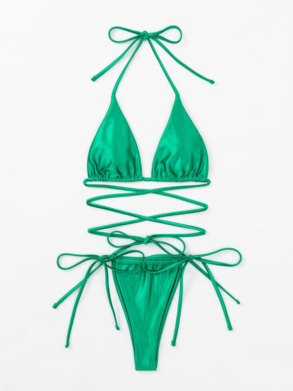 Swimwear- Glossy 2-Piece Bikini with Wireless Triangle Bra & Thin-String Thong- Chuzko Women Clothing