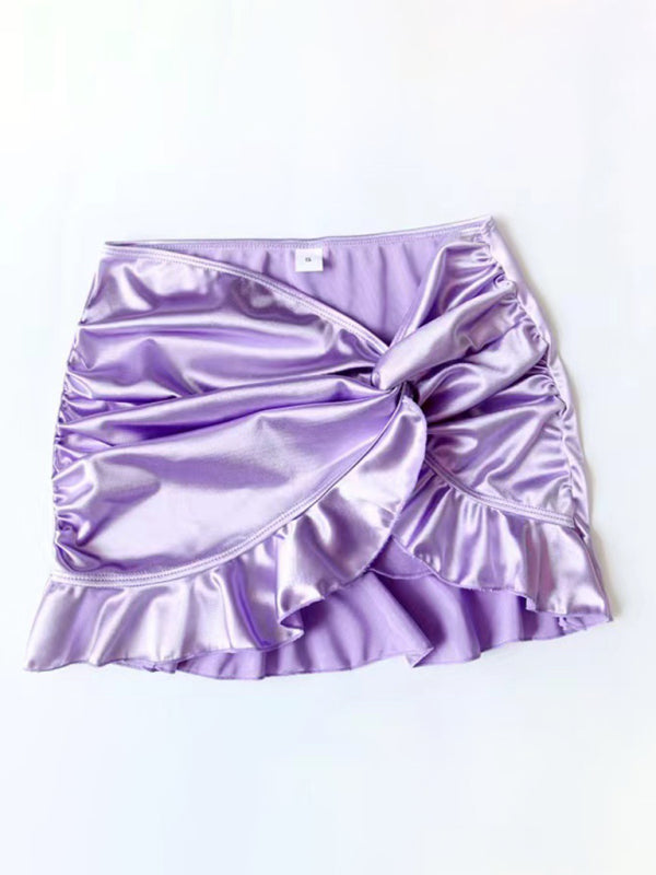 Swimwear- Glossy Swimwear 2-Piece Set Underwire Push-Up Bra with Ruffle Mini Skirt- Chuzko Women Clothing