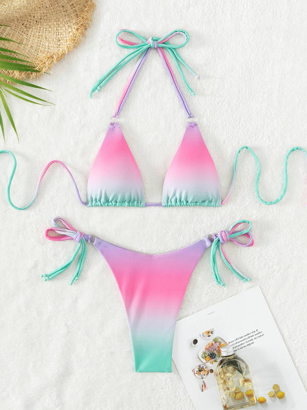 Swimwear- Gradient 2 Piece Swimwear Brazilian Triangle Bra and Tie-Side Bikini- Chuzko Women Clothing
