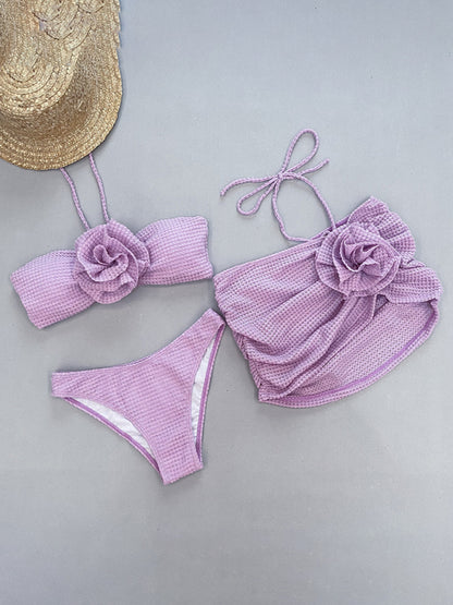 Swimwear- Knitted 3 Piece Swimwear | Flower Bikini with Wireless Bra & Cover Up- Chuzko Women Clothing