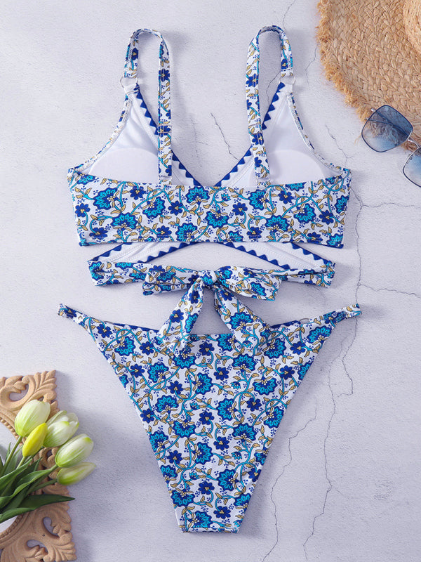 Swimwear- Ocean Blue Print 2 Piece Swimwear with Wireless Criss Cross Triangle Bra & Bikini- Chuzko Women Clothing