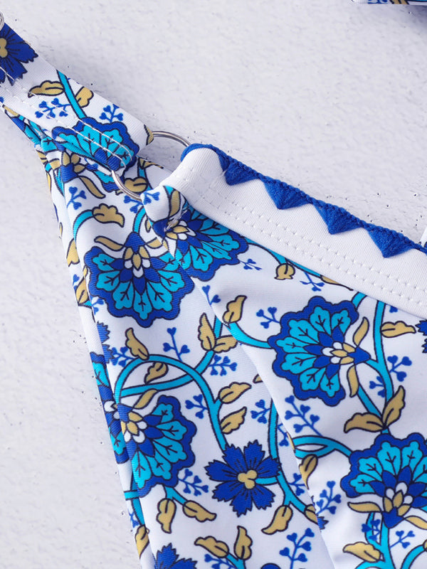 Swimwear- Ocean Blue Print 2 Piece Swimwear with Wireless Criss Cross Triangle Bra & Bikini- Chuzko Women Clothing