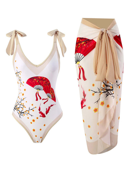Swimwear- One-Piece Contrast Floral Wireless Swimwear with Wrap Skirt Cover-Up- Chuzko Women Clothing