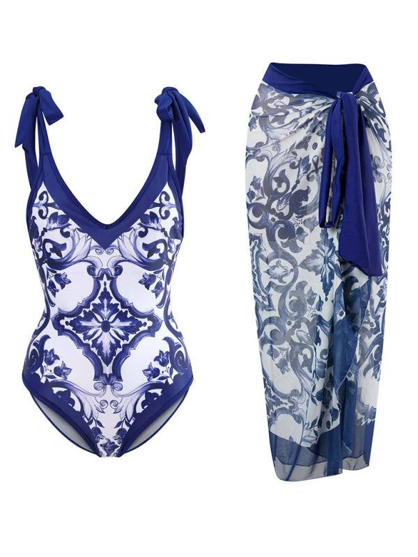 Swimwear- One-Piece Contrast Floral Wireless Swimwear with Wrap Skirt Cover-Up- Chuzko Women Clothing