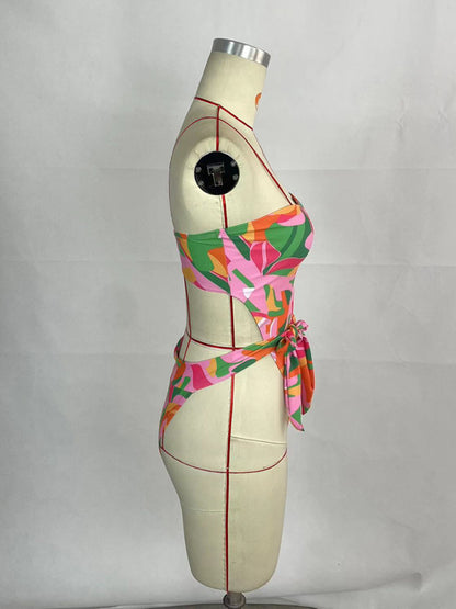 Swimwear- One-Piece Tube Belted Backless Swimwear in Tropical Print- Chuzko Women Clothing