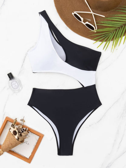 One-Shoulder-Farbblock-Badeanzug | Einteiliger Badeanzug mit Ausschnitten