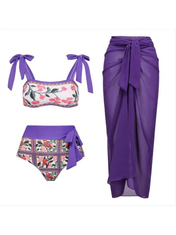 Swimwear- Purple Print 3-Piece Tummy Control Bikini - Tie Top & High Waist Bottoms & Cover-Up- Chuzko Women Clothing