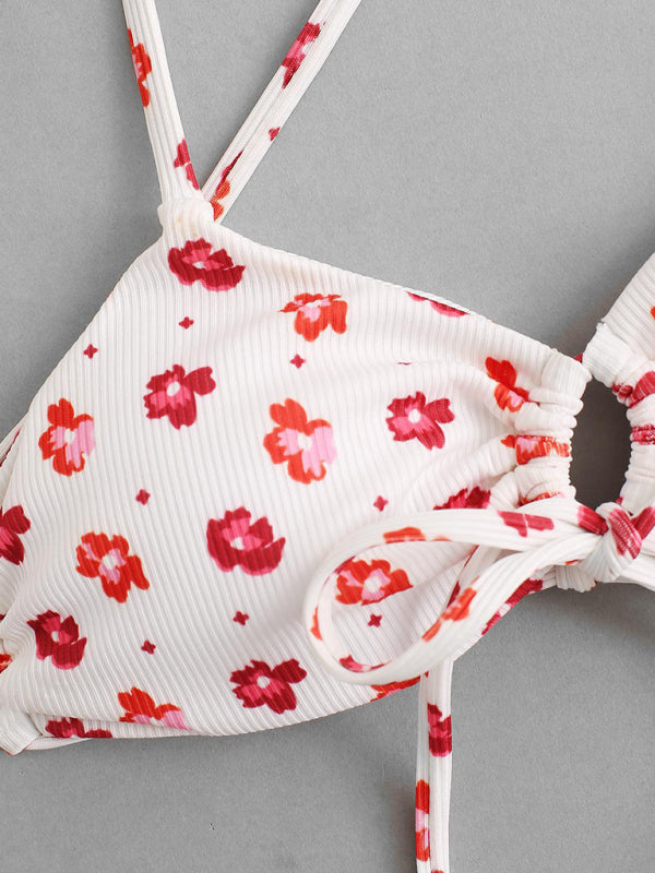 Swimwear- Rib Floral Print Tie-Up 2 Piece Bikini Swimwear Bra & High-Cut Thong- Chuzko Women Clothing
