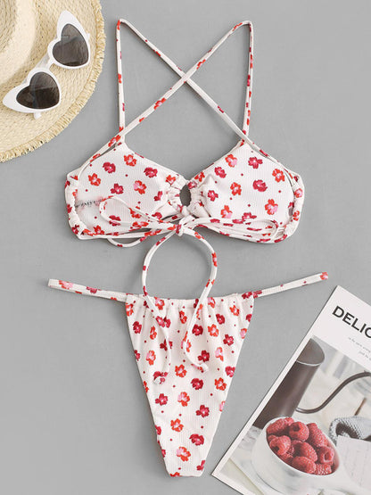 Swimwear- Rib Floral Print Tie-Up 2 Piece Bikini Swimwear Bra & High-Cut Thong- Chuzko Women Clothing