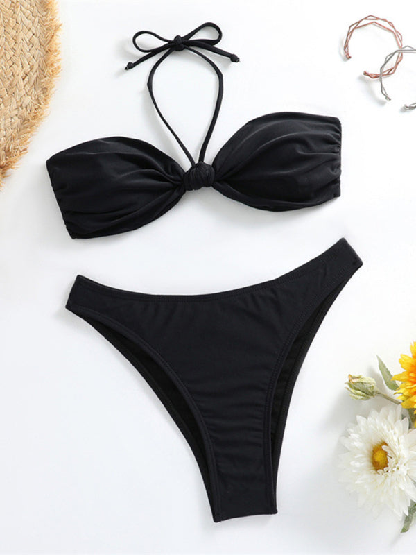 Swimwear- Ruched Thong Solid Bikini Set | 2 Piece Bandeau Halter Swimwear- Chuzko Women Clothing