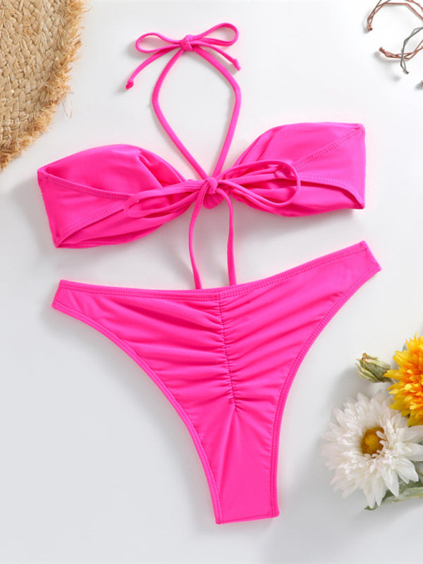 Swimwear- Ruched Thong Solid Bikini Set | 2 Piece Bandeau Halter Swimwear- Chuzko Women Clothing