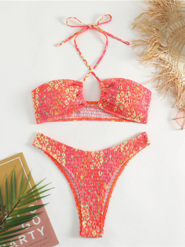 Swimwear- Smocked Floral 2 Piece Swimwear | Wireless Bra and Bikini- Chuzko Women Clothing