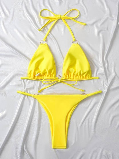 Swimwear- Solid 2 Piece Swimwear - Wireless Triangle Halter Bra & Bikini- Chuzko Women Clothing