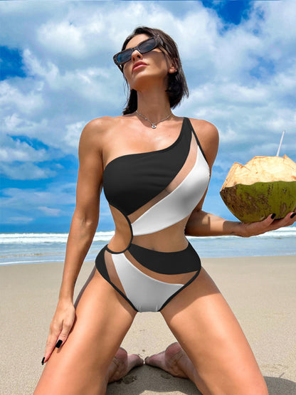 Swimwear- Solid One-Piece Cutout Swimsuit | One Shoulder Swimwear with Mesh Accents- Chuzko Women Clothing