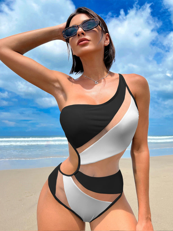 Swimwear- Solid One-Piece Cutout Swimsuit | One Shoulder Swimwear with Mesh Accents- Chuzko Women Clothing
