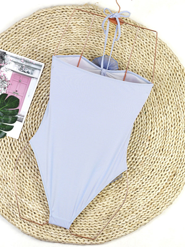 Swimwear- Solid One-Piece Strapless Swimsuit | Wireless Cutout Swimwear with Flower Applique- Chuzko Women Clothing