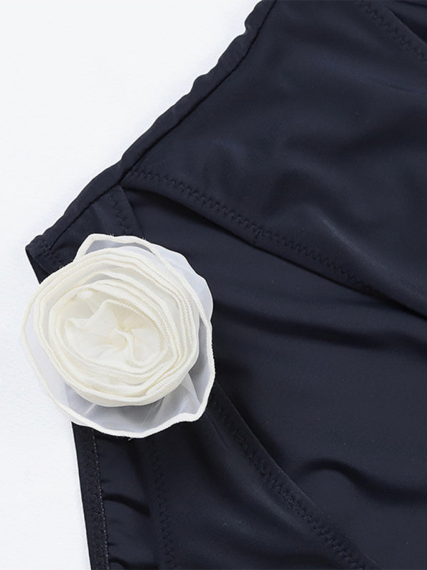 Swimwear- Solid One-Piece Strapless Swimsuit | Wireless Cutout Swimwear with Flower Applique- Chuzko Women Clothing