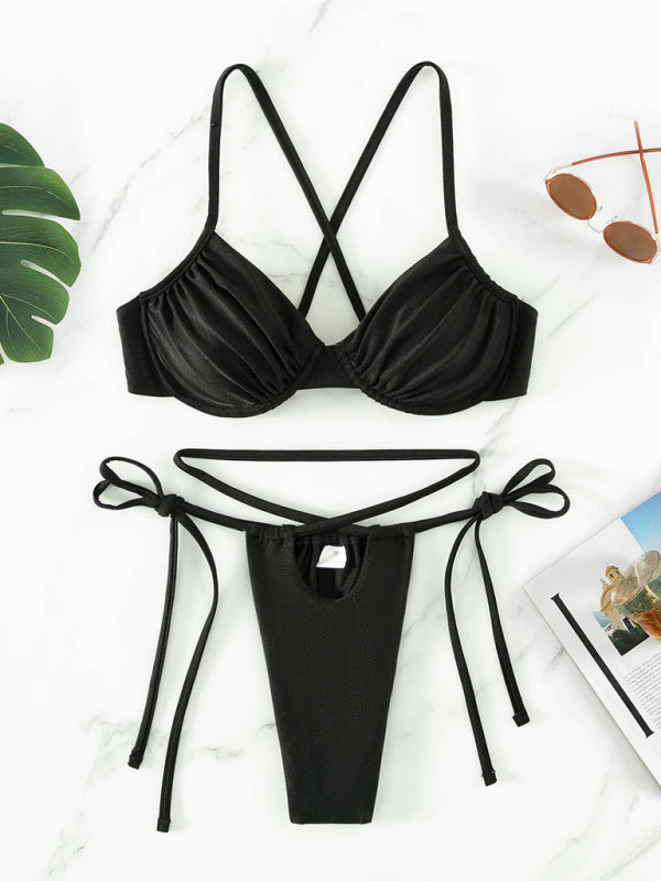 Swimwear- Solid Underwire Bra and Micro Bikini Bottoms - 2 Piece Swimwear- Black- Chuzko Women Clothing