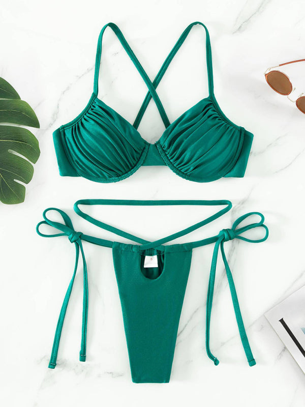 Swimwear- Solid Underwire Bra and Micro Bikini Bottoms - 2 Piece Swimwear- Green- Chuzko Women Clothing