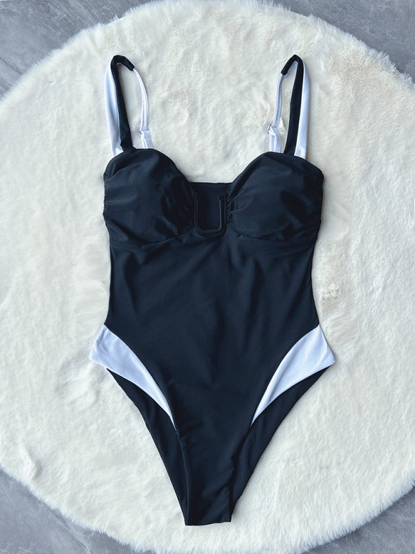 Swimwear- Sporty Monokini Swimwear with Contrast Trim - One-Piece Swimsuit- - Chuzko Women Clothing