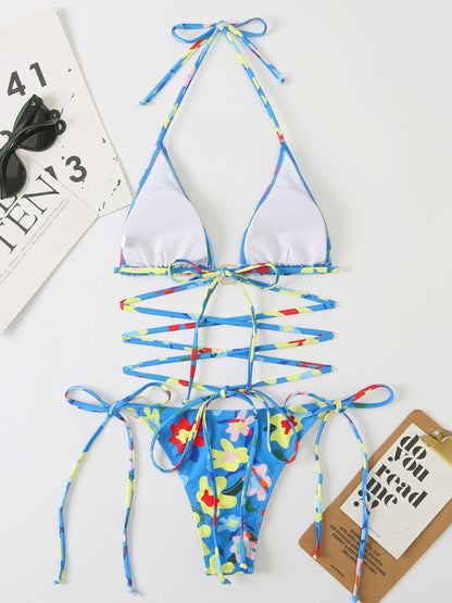 Swimwear- Strappy Wireless Triangle Bra 2 Piece Floral Print String Bikini- Chuzko Women Clothing