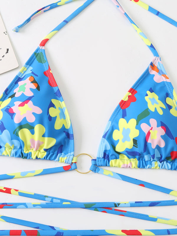 Swimwear- Strappy Wireless Triangle Bra 2 Piece Floral Print String Bikini- Chuzko Women Clothing