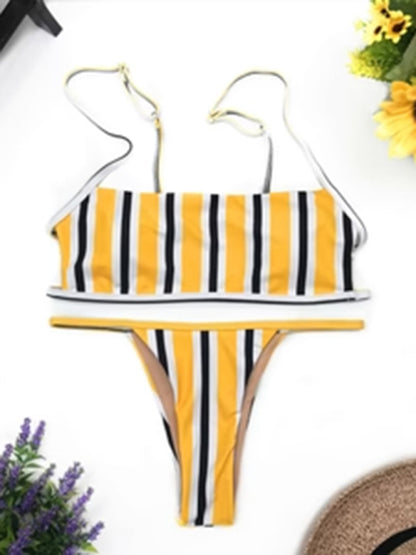 Swimwear- Striped 2 Piece Swimwear - Wireless Bra Top & Micro Bikini Bottoms- Chuzko Women Clothing