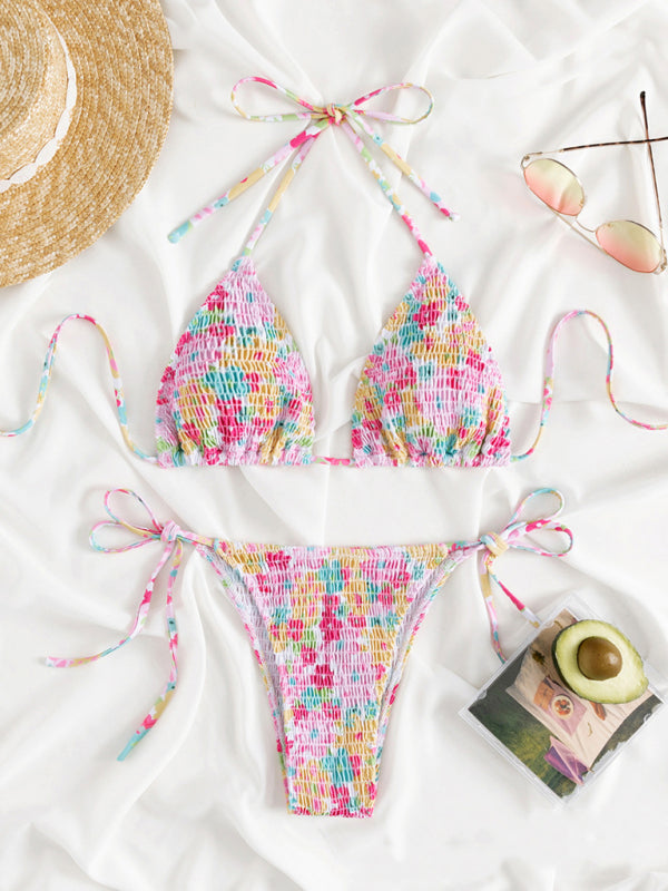 Swimwear- Summer Pink Print Smocked Bikini with Wireless Triangle Bra & Tie-Side String Bottoms- Chuzko Women Clothing