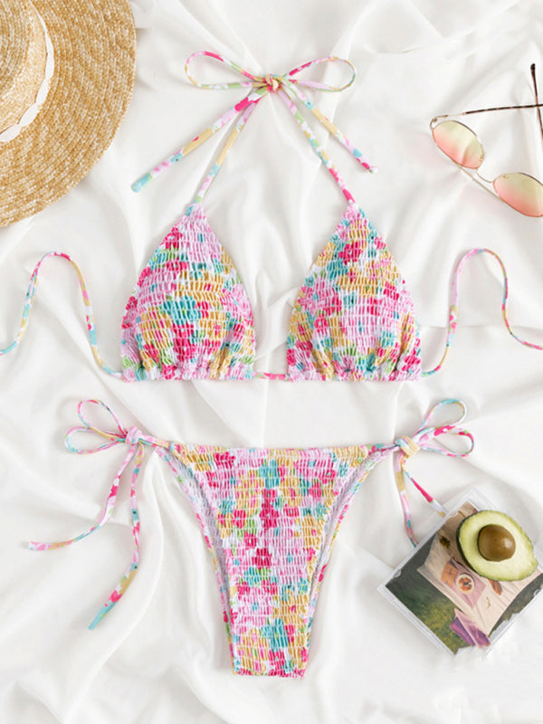 Swimwear- Summer Pink Print Smocked Bikini with Wireless Triangle Bra & Tie-Side String Bottoms- Chuzko Women Clothing