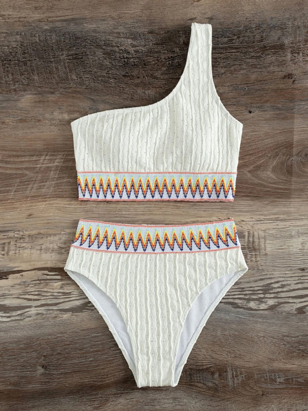 Textured 2-Piece Swimwear - One-Shoulder Tankini & High-Waisted Bikini