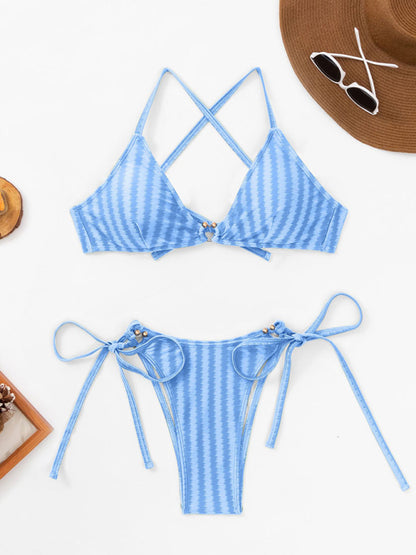 Swimwear- Textured Stripe 2 Piece String Triangle Bra and Tie-Side Bottoms Swimwear- Chuzko Women Clothing